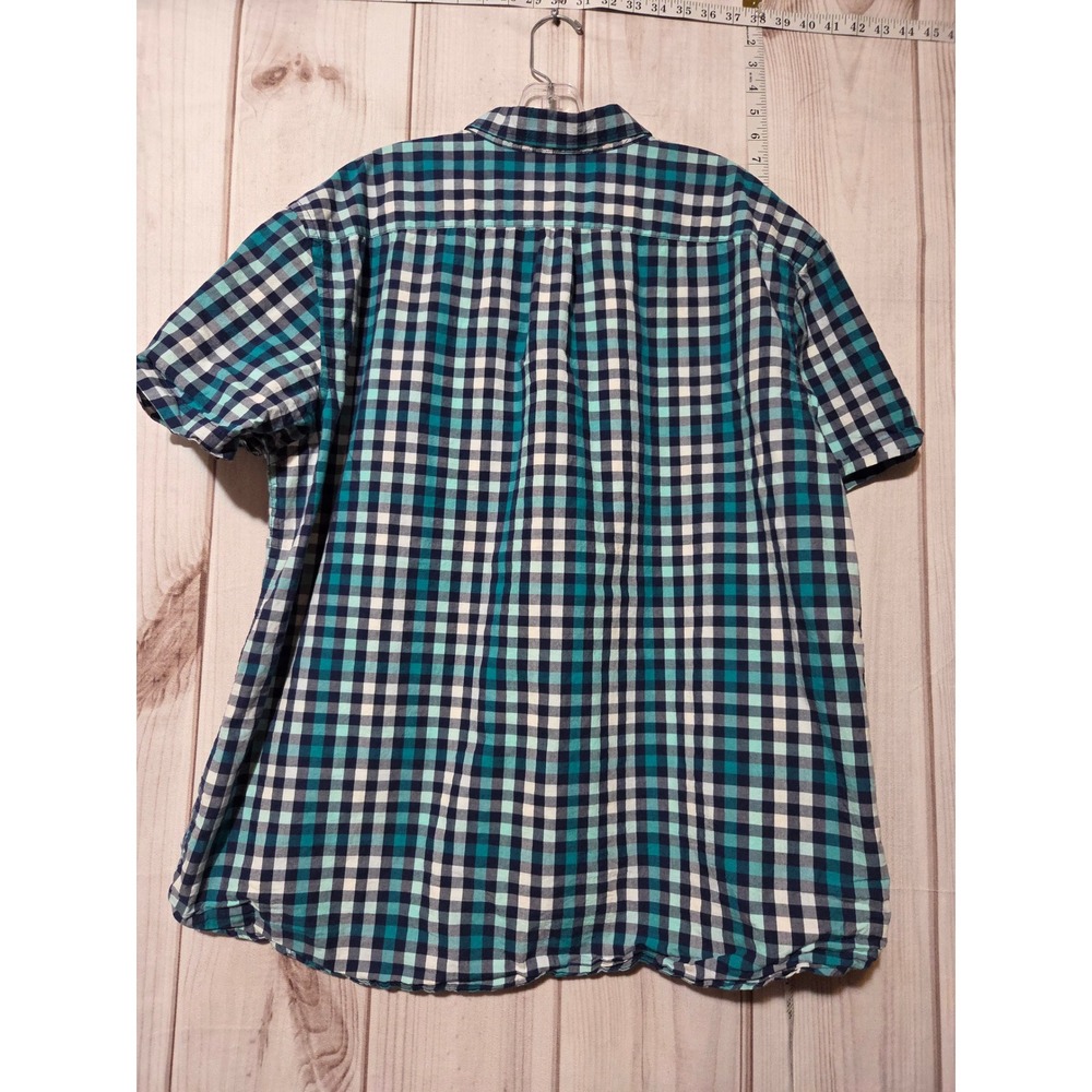 Old Navy Men's XXL Blue Teal White Plaid Short Sleeve Button Down Shirt Slim Fit - Picture 2 of 7